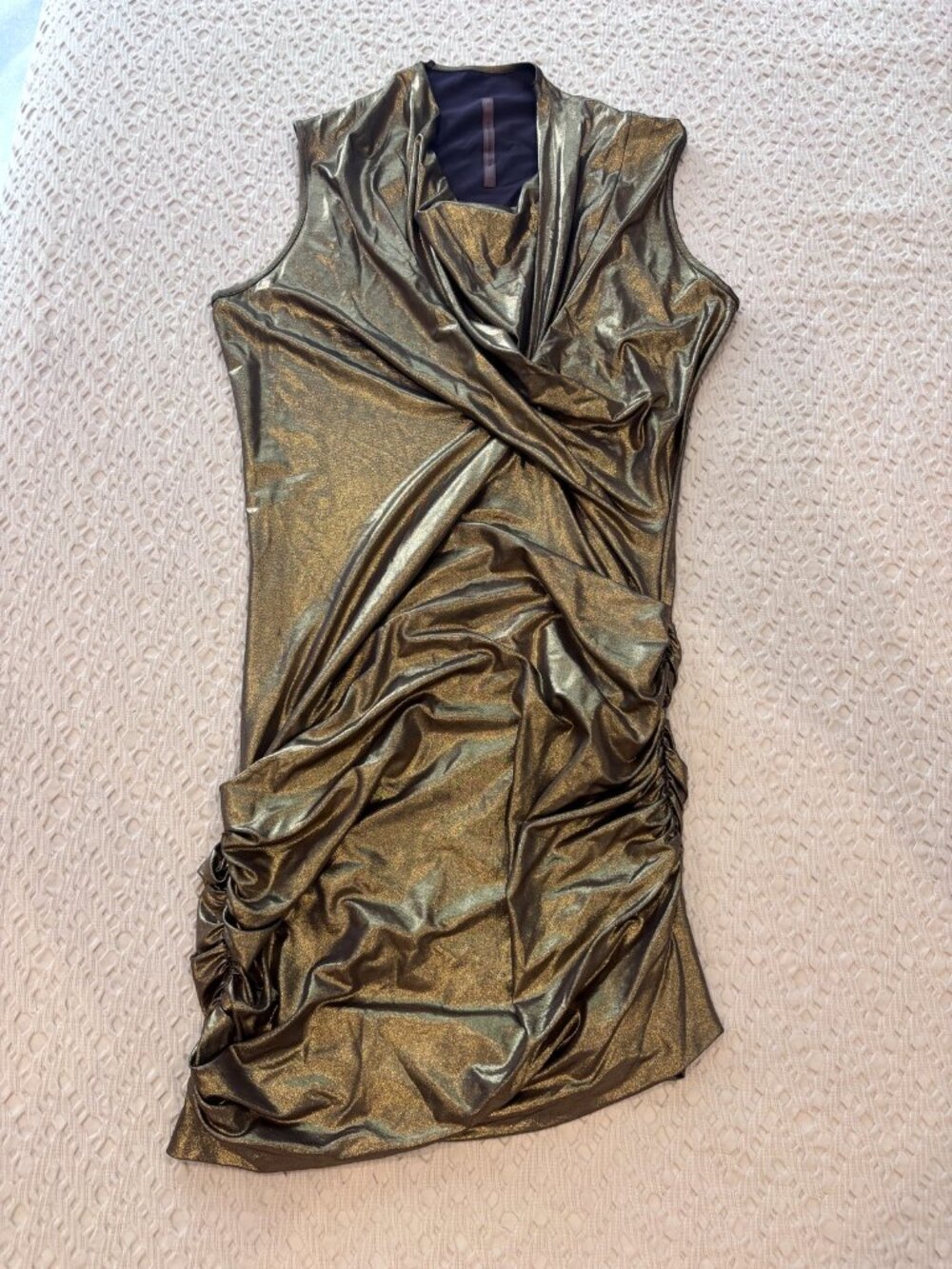 Rick Owens Metallic Gold Ruched Mini Dress